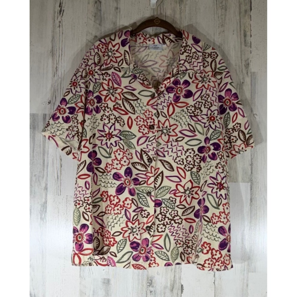 Hot Cotton Button Up Shirt 1X Cream Floral Botanical Garden Tropical Vacation